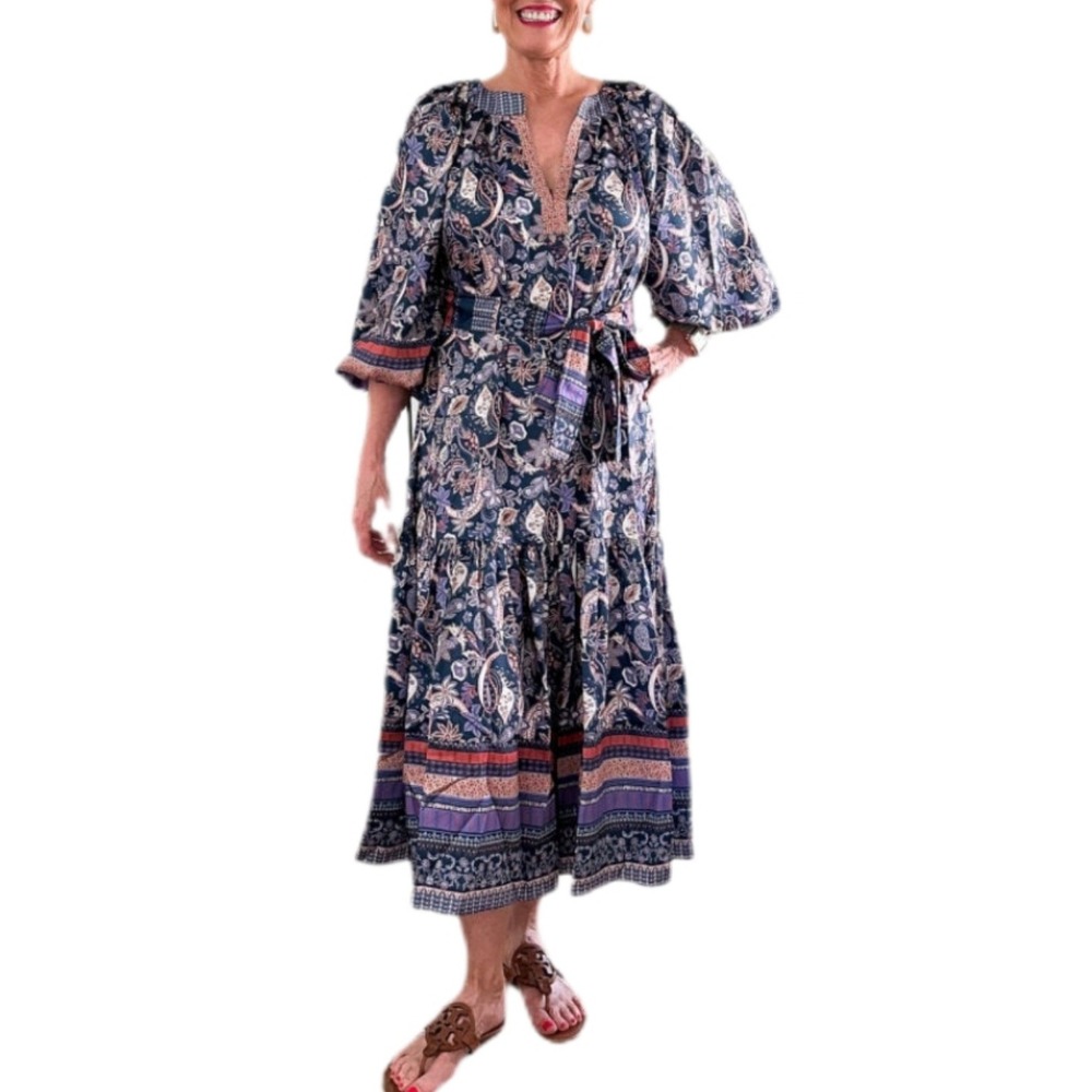 Current Air Los Angeles Anthropologie Blue Paisley Midi Dress with Belt Size M